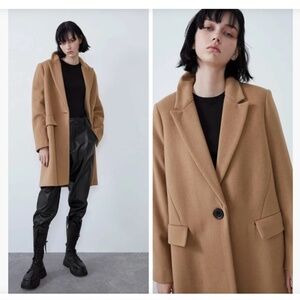 Zara Women's Wool Blend Longline Trench Coat Camel Size XL